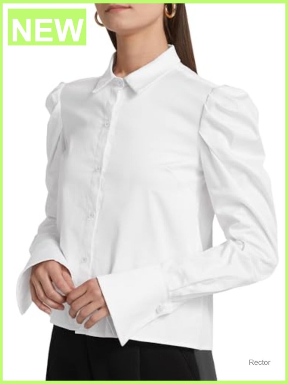 Women's Poplin Puff Sleeve Blouse with Spread Collar & Button Cuffs - Picture 2 of 5